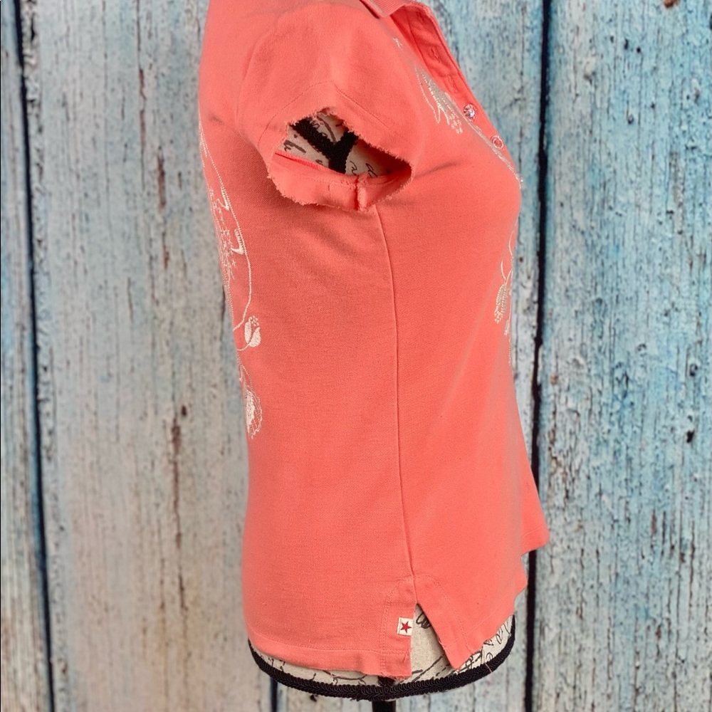 Johnny Was Coral Embroidered Cotton Polo Top - Picture 10 of 14